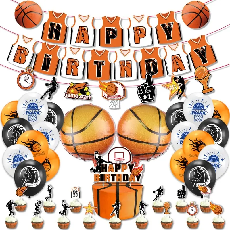 Basketball Happy Birthday Party Decorations Set, Basketball Banner Balloons Cupcake Toppers, Sports Themed Photo Booth Props, Boys Kids Men Birthday Party Supplies