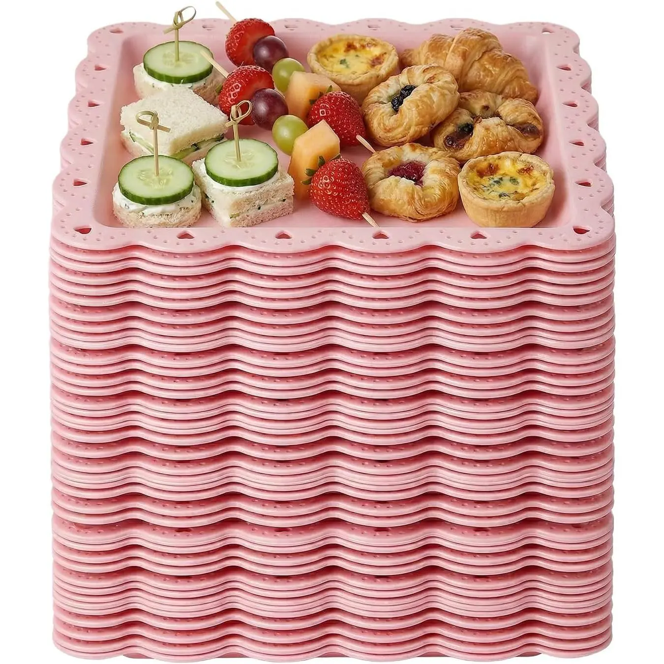 Plastic Serving Tray, 24 Pack Catering Trays Square Serving Platters Fast Food Trays, Reusable Plastic Tray For Party Anniversary Wedding Christmas Baby Shower (Pink)