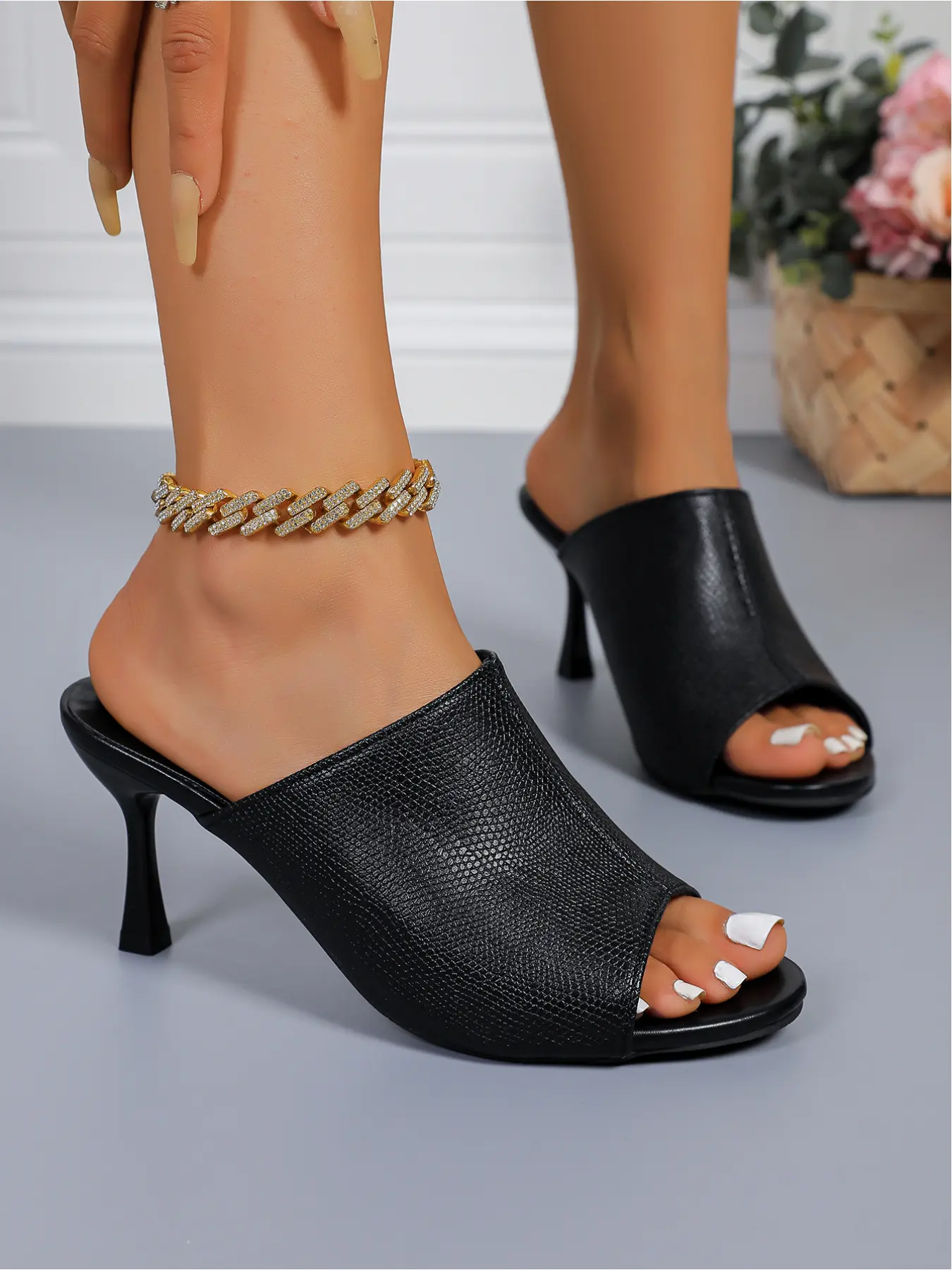 Vintage Lizard Pattern Fish Mouth Fine Heel Sandals for Women   Open Back Mule High Heel Slippers   Office & Date Wear, Tall-Looking, Simple Elegance, Versatile  Women's Shoes