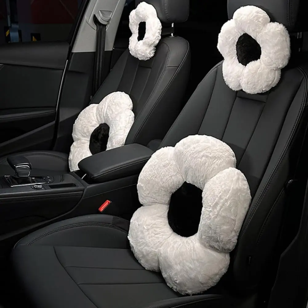 4-Pack Plush Flower Car Seat Headrest Furry Pillows & Lumbar Support Cushions, Soft Comfortable Interior Accessories for Driving, Cute Car Decor Neck Pillows,sohochic