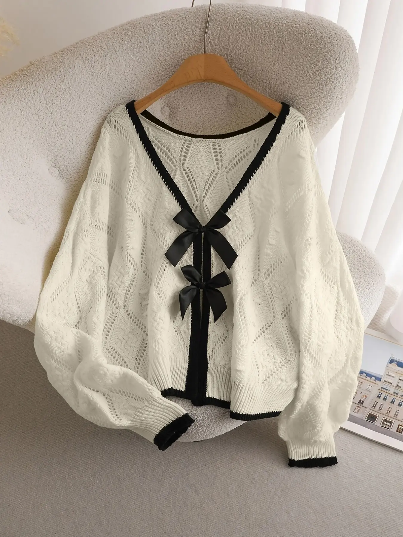 Women's Plus Size Textured Rhombus Pattern Colorblock Bow Long Sleeve Knit Sweater Cardigan, Elegant Aesthetic Casual for Commute and Vacation, Spring Summer Fall