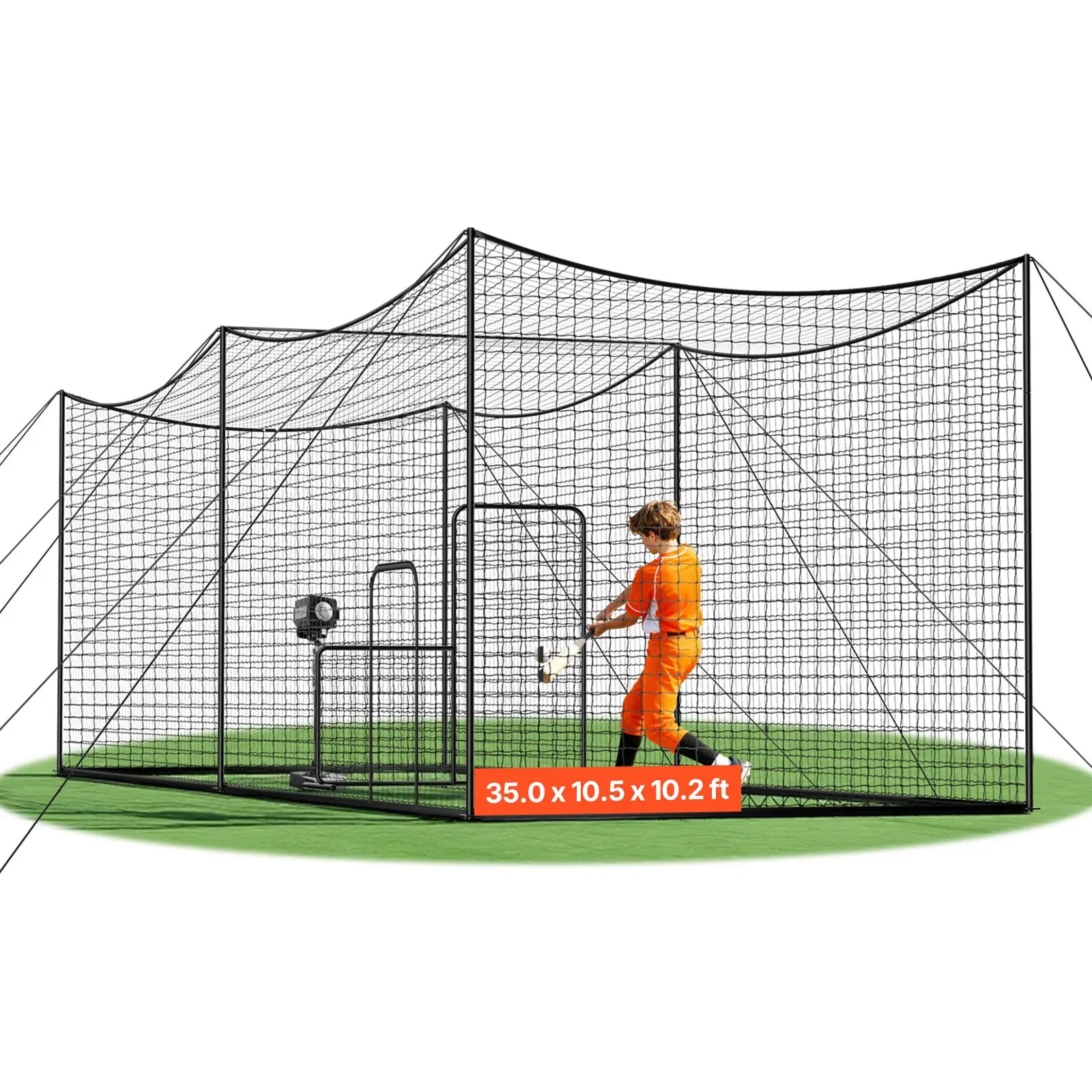 VEVOR Baseball Batting Cage, 35.0x 10.5x 10.2 FT Freestanding Portable Batting Cage, Hitting Cages with 45-Ply Knotted HDPE Long Positioning Ropes, Battings Cages Netting for Indoor Outdoor
