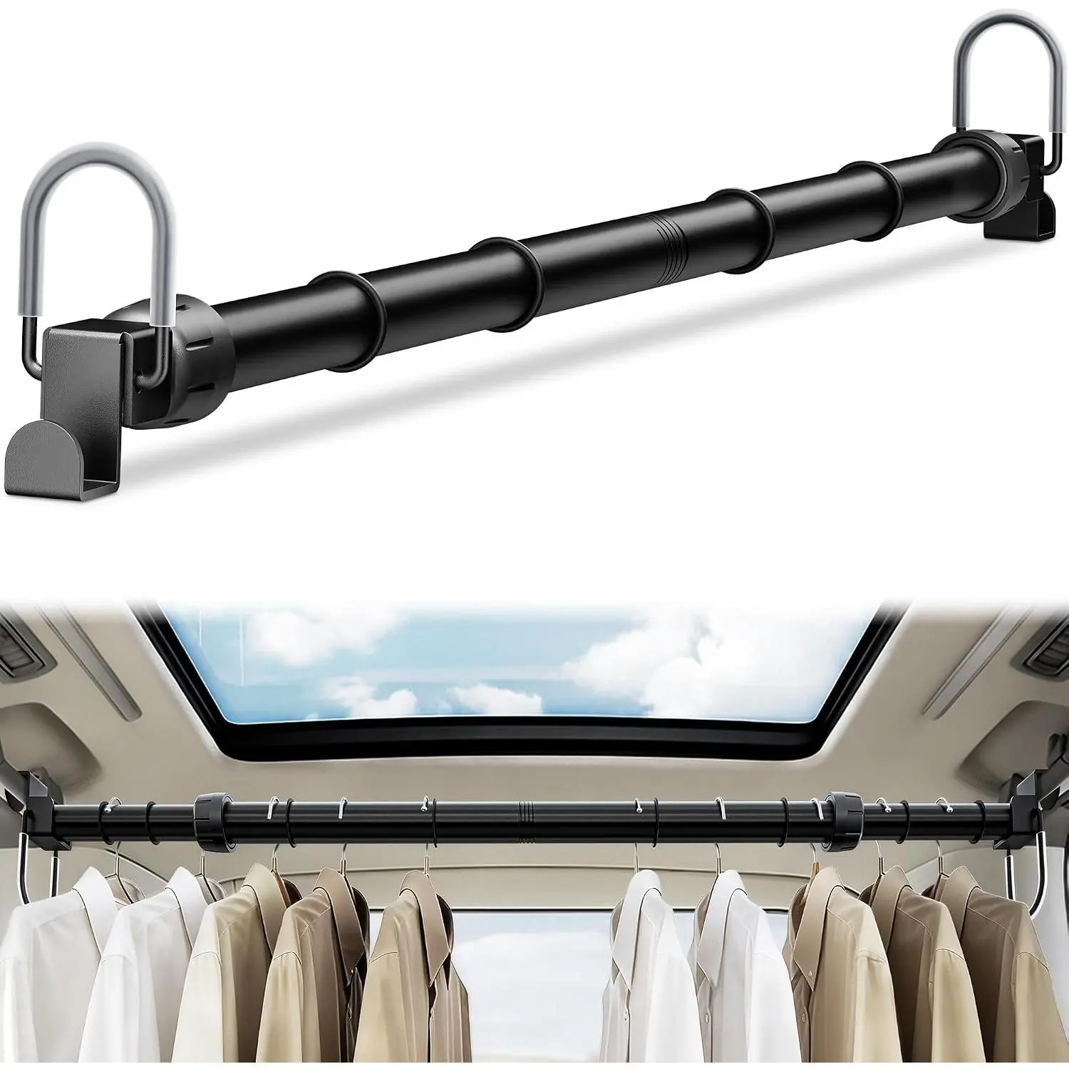 Clothes Hanger Bar, Adjustable 35-60 Inch  Garment Rod | Heavy Duty Travel Clothes Organizer for , SUVs,  & , Non-Slip Rings, Keep Clothes Secure