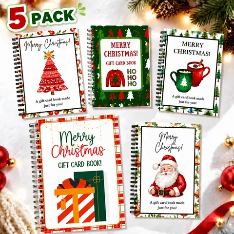 5-Pack Holiday Gift Card Books, Christmas Spiral-Bound Gift Card Booklets with Seasonal Designs, Gift-Giving Journal for Recording Wishes, Memories, Appreciation Notes & Special Occasions, Notebooks