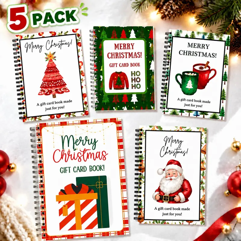 5-Pack Holiday Gift Card Books, Christmas Spiral-Bound Gift Card Booklets with Seasonal Designs, Gift-Giving Journal for Recording Wishes, Memories, Appreciation Notes & Special Occasions, Notebooks