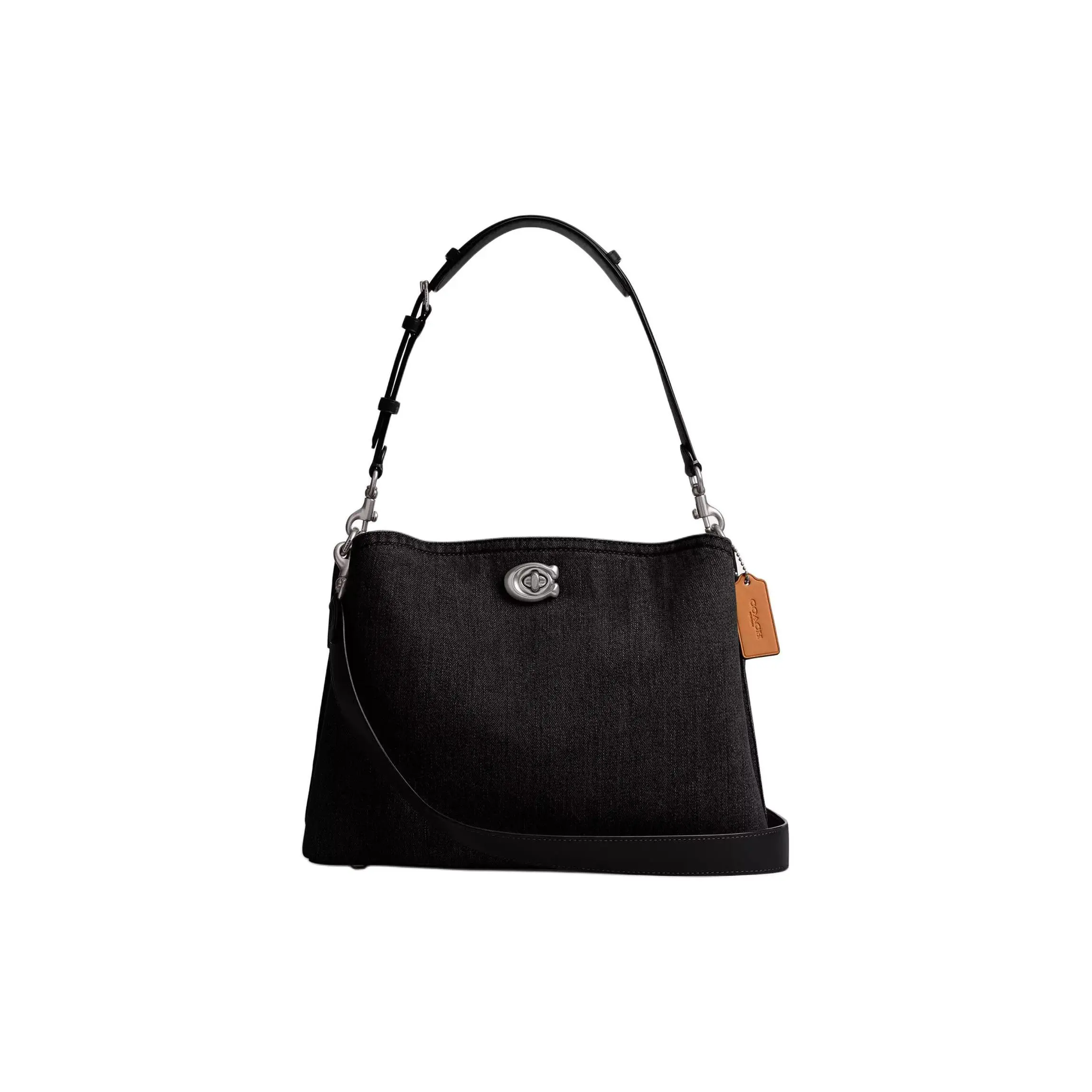 COACH Willow Bolso 32 Top-Handle Crossbody Bag for Women, Denim and Calfskin Blend, Twist-Lock Closure, Large Size, Black