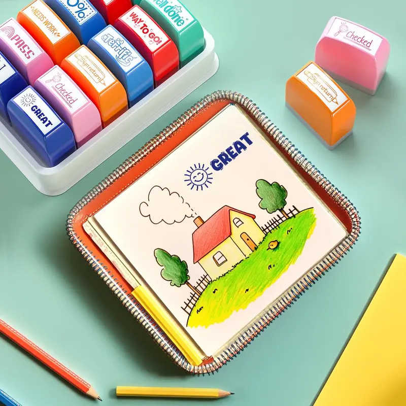 Colorful Stamp Set, 12pcs/set Self-inking Stamp with Storage Tray Organized, Teacher Grading Stamp, Encouragement Stamp, Teachers Tool for Home School Office Classroom Use Mark Student Work Positive Reinforcement, Checked, Way to go, Well Done