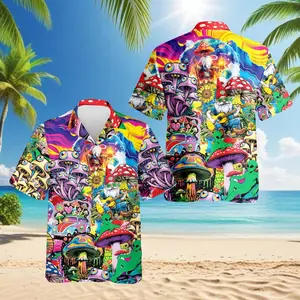 Colorful Hippie Mushroom Hawaiian Shirt, Psychedelic Mushroom Shirt, Retro Trippy Festival Shirt, Boho Hippie Summer Beach Shirt, S–5XL
