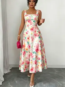 Women's Knit Sleeveless Printed Dress, Square Neck, Fitted Waist, Spring Summer, Polyester Spandex Blend, Casual Party Wear