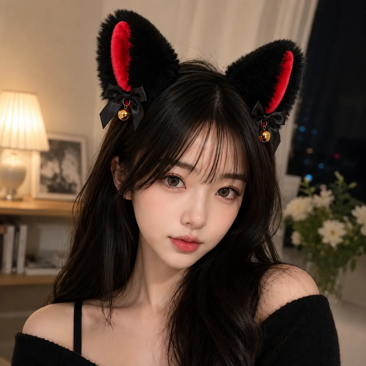 Black & Red Halloween Plush Cat Ear Headband with Bells, Cute Anime Cosplay Hair Hoop, Party Costume Hair Accessory for Women