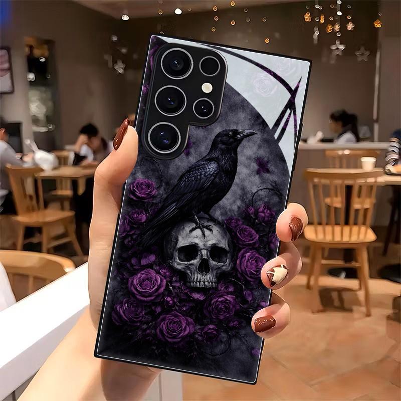A Phone Case Made of Black Tempered Glass Featuring a Raven Skull And Purple Roses, Embodying a Gothic And Mysterious Dark Fantasy Style for Samsung Galaxy S26 S25 S24 S23 S22Pro S21 S20 Fe Plus Ultra Pro A56 A55 A54 A53 A52 A51 A36 A35 A34 A32 A26 A25