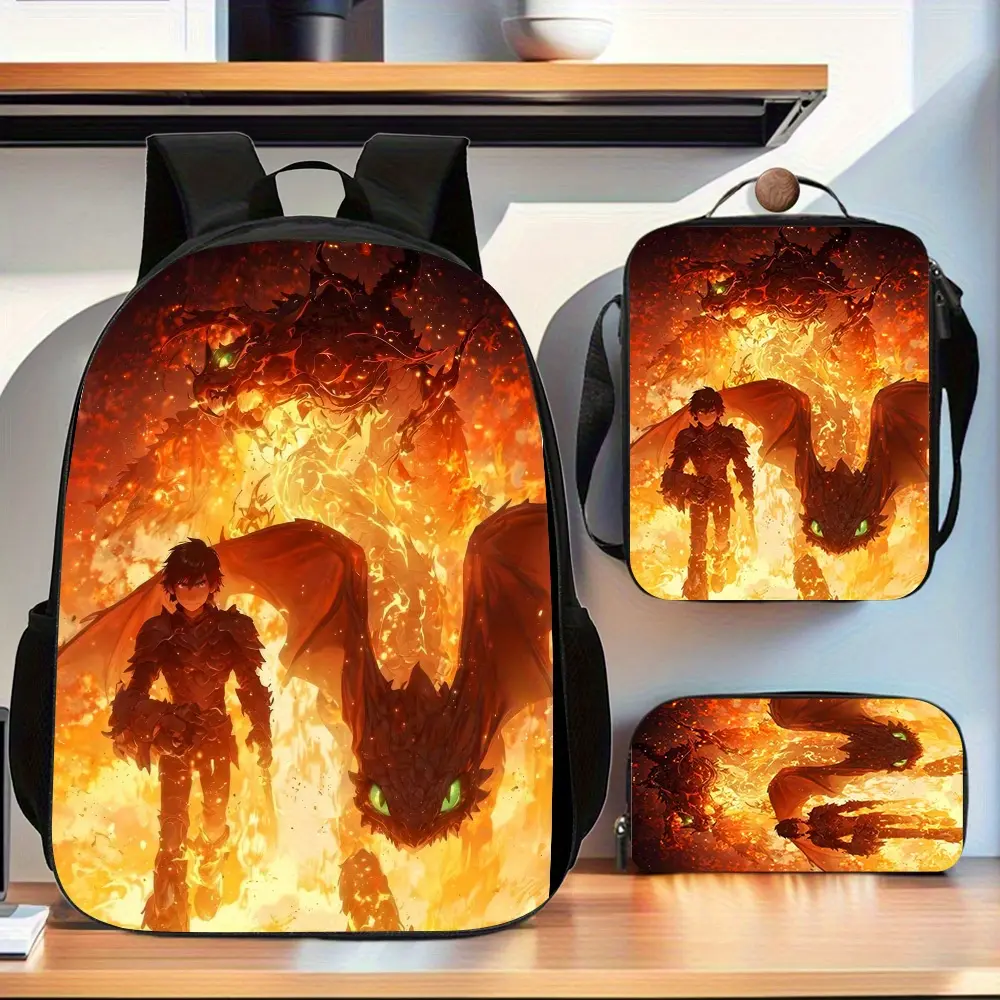 How to Train Your Dragon Toothless Flame Silhouette Backpack Three-Piece Set: Durable Oxford Backpack with Lunch Bag and Pencil Case for Daily Use and Short Trips