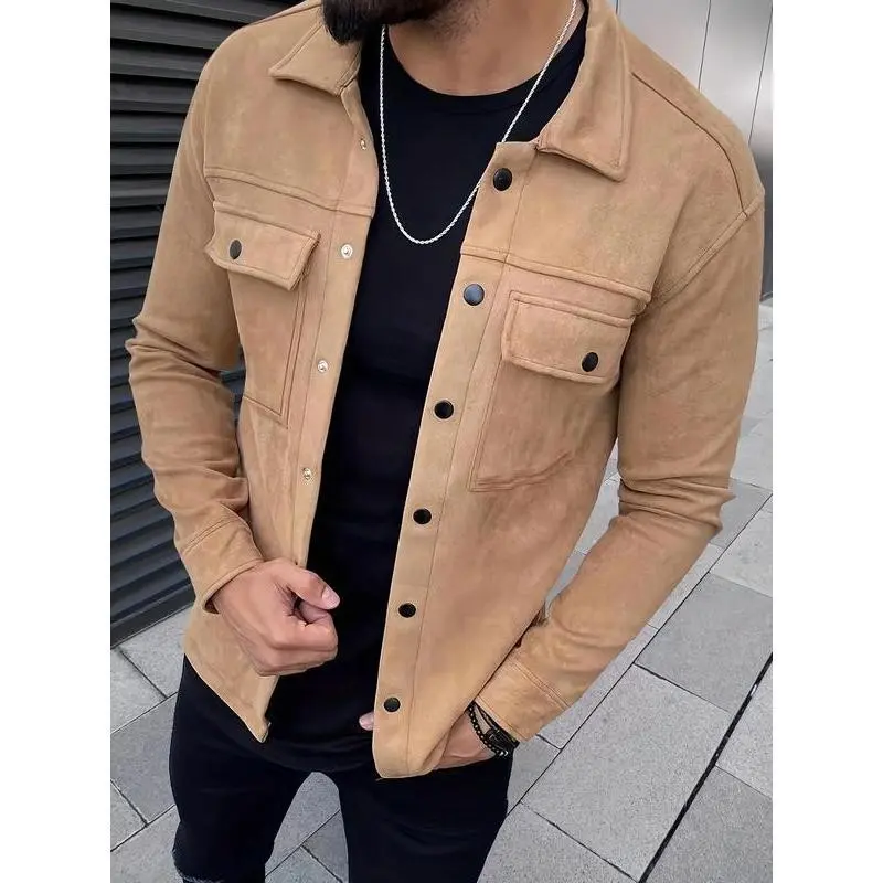 XenoThreadMen'sSolidColorButtonFrontPocketSuedeJacket,FallOutfits,RegularFitCasualLongSleeveCollaredOuterwearforFall,FashionMen'sClothesforDailyWearMenTops