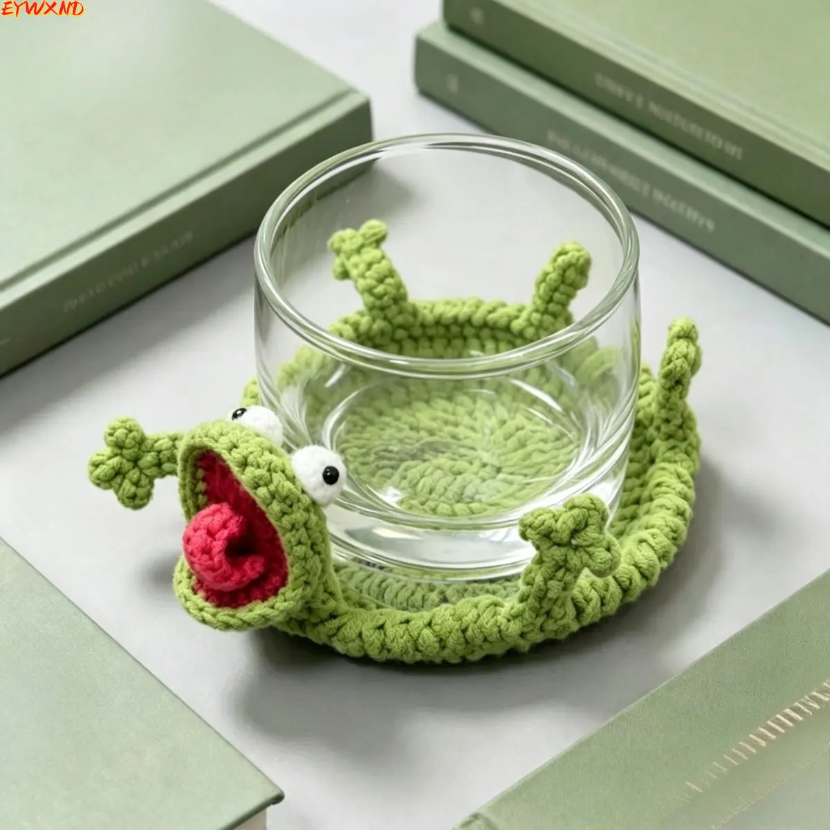 Hand Crochet Funny Frog Coaster, Cute 3D Cartoon Frog Cup Mat, Knitted Animal Drink Holder, Green Frog Tongue Design Table Decor, Handmade Knit Coaster Gift for Home Coffee Tea Cup