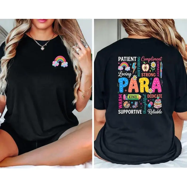 Paraprofessional T-Shirt with 2-Sided Graphic Print, Funny Teacher Appreciation Gift, Casual Comfortable Fit Short Sleeve Back to School Top, Tops, Beach, Round Neck, Fabric