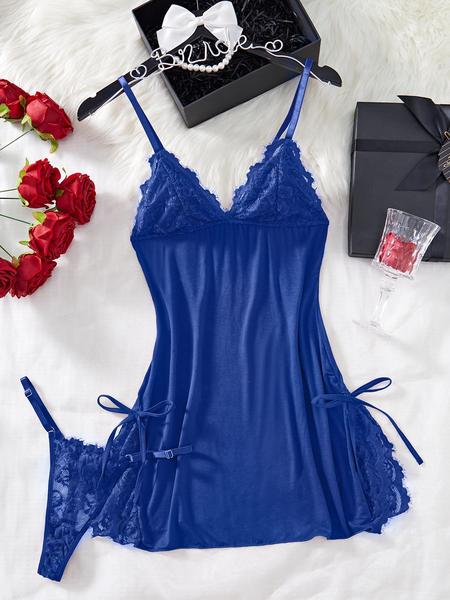 Women's Bow Decor Contrast Lace Cami Nightdress & Thong Set, Comfy Sexy Lingerie for All Seasons, Fashion Ladies Sleepwear & Homewear