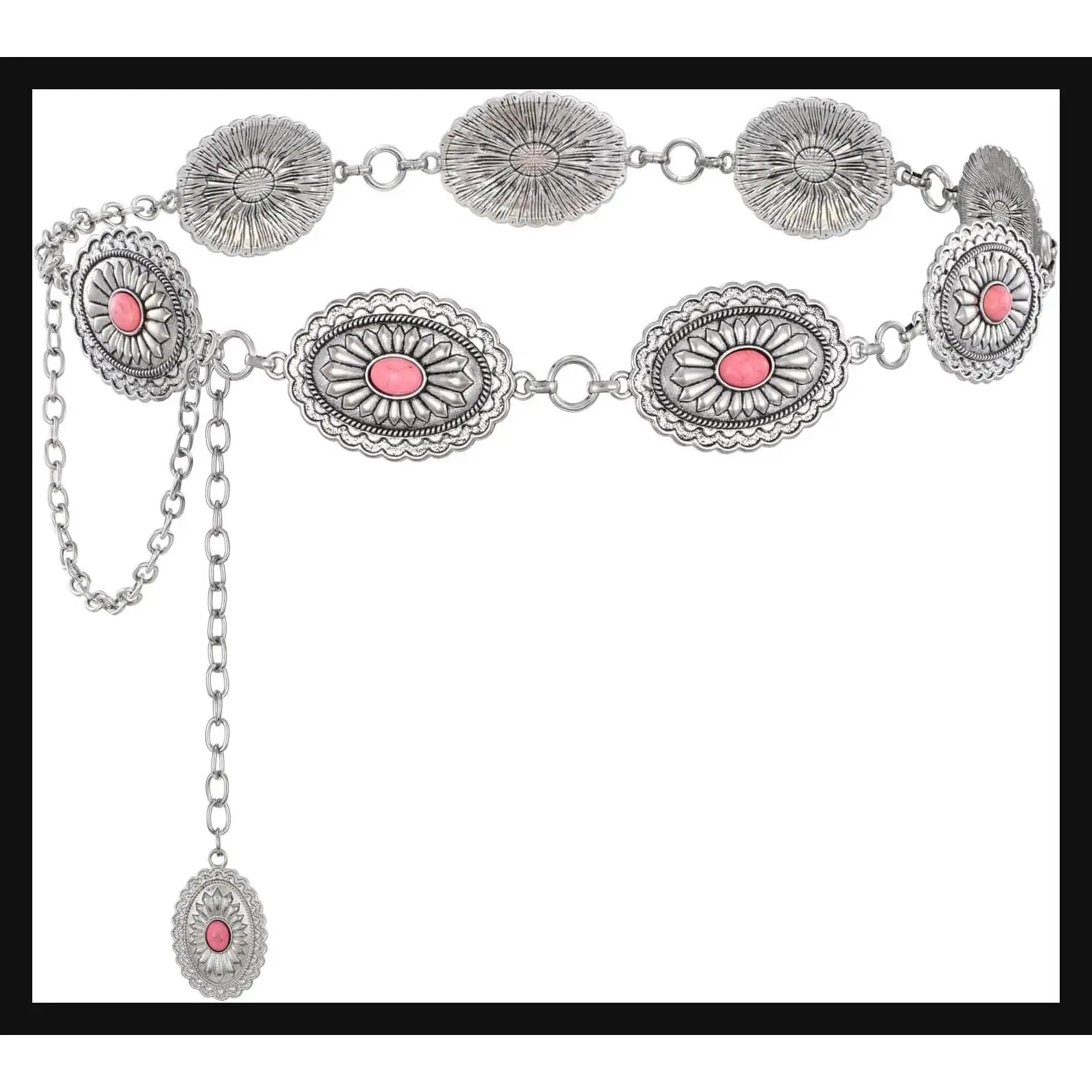 Women's Boho Chain Belt for Dresses & Jeans, Western Cowgirl Waist Belt with Adjustable Metal Concho Links