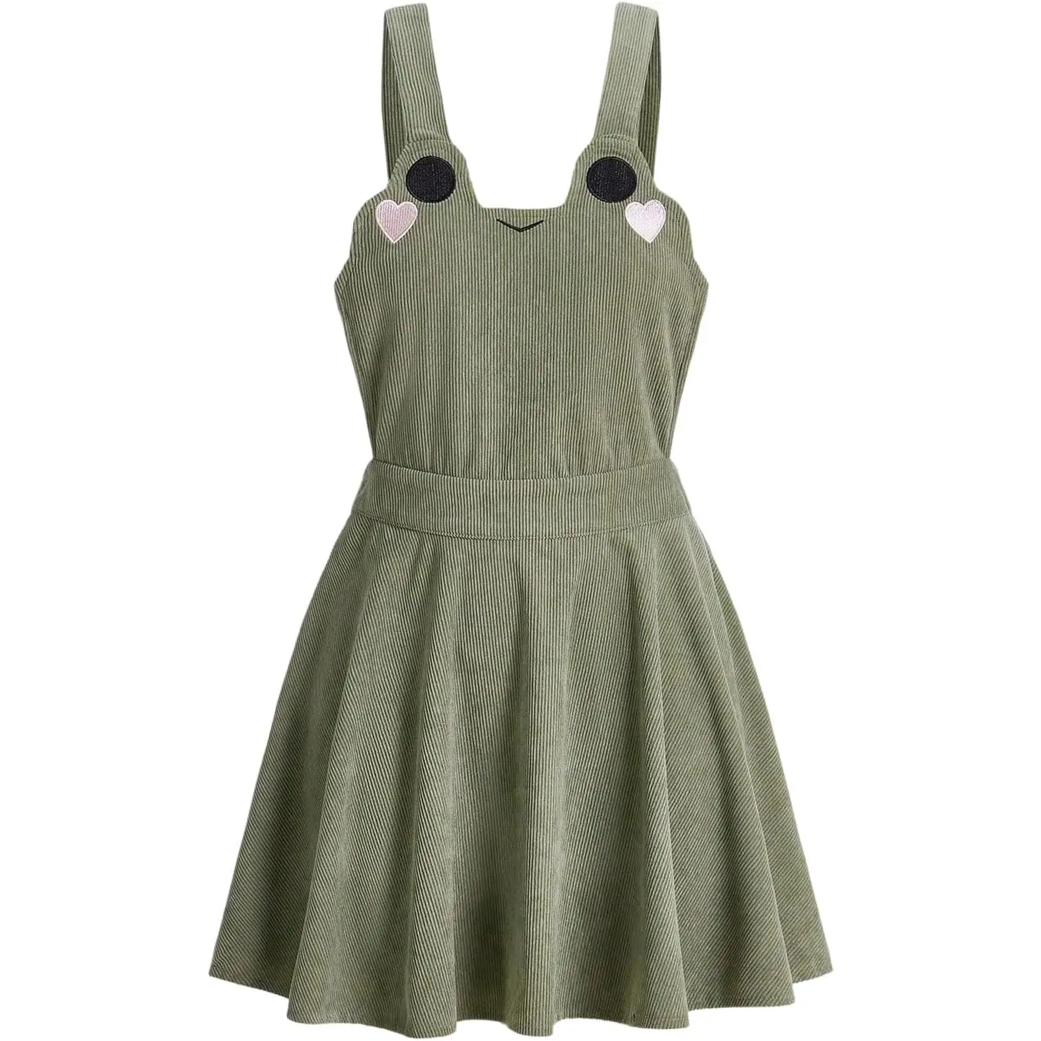 WDIRARA Women's Plus Size Lightweight Soft Ruffle Backless Cute Frog Embroidery Corduroy A-Line Casual Short Overall Pinafore Dress, Streetwear
