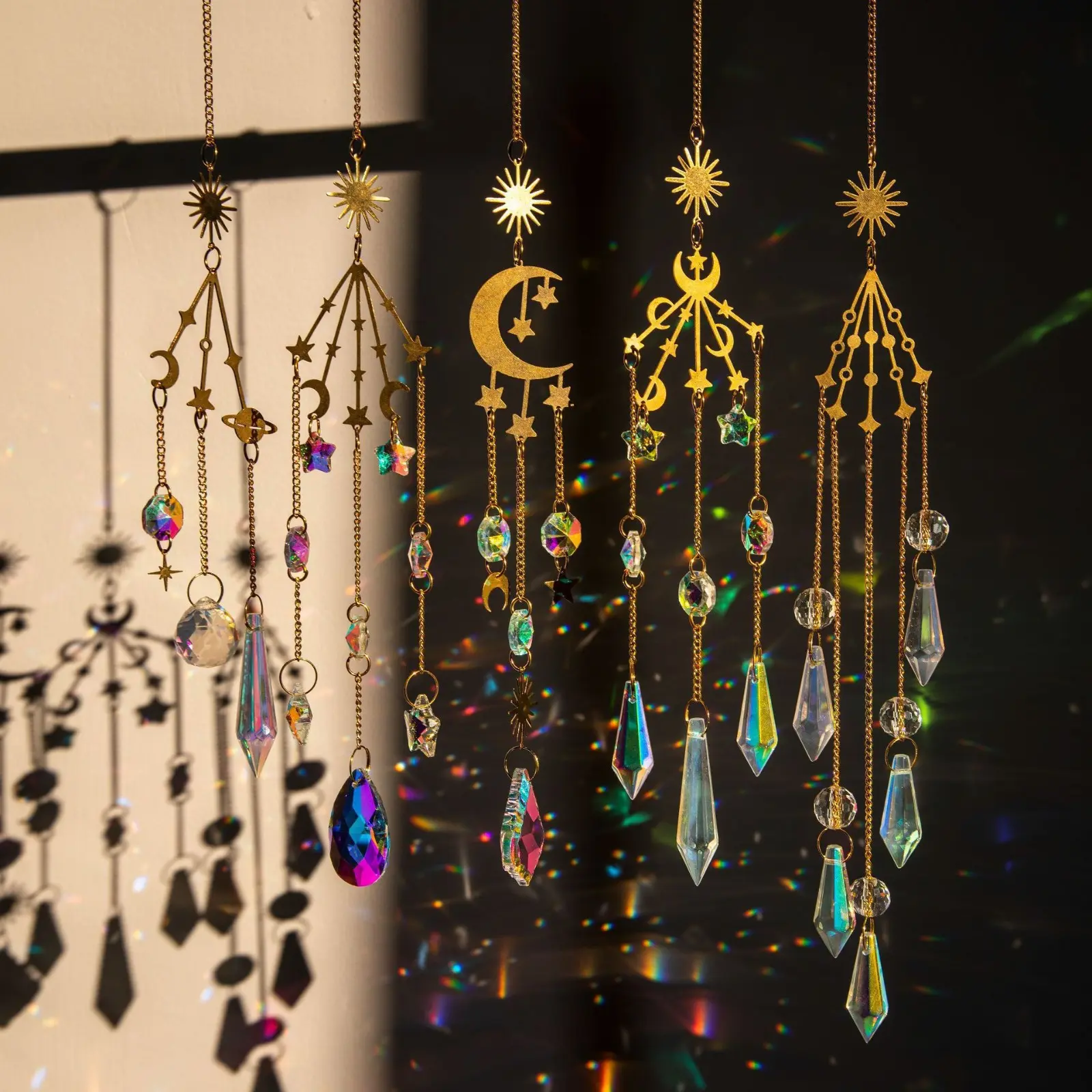 4PCS Crystal Sun Catcher Rainbow Maker, Celestial Moon Star Pendant Prism Hanging Ornament, Window Home Decor Items