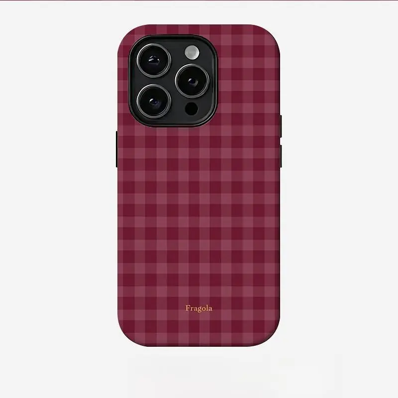 Burgundy Plaid Silicone+TPU Protective Casing for iPhone 11/12/13/14/15/16/17/18 Pro Max Plus Air E - 2-in-1 Anti-Scratch Glossy, Shockproof Bumper Mobile Phone Accessory