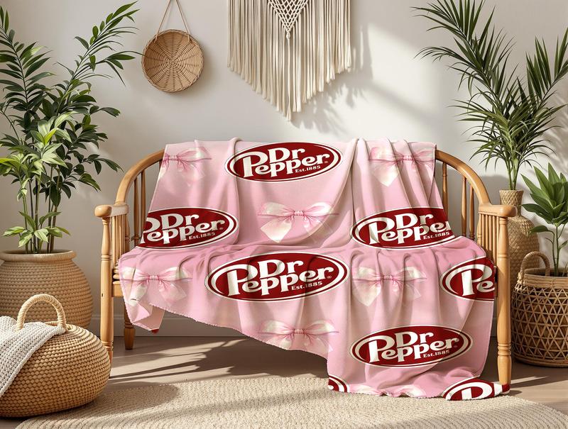 Dr. Pepper  Bow Pink Flannel Throw Blanket - Versatile For Sofa, Bed, Office, Camping- Cozy Nap Blanket