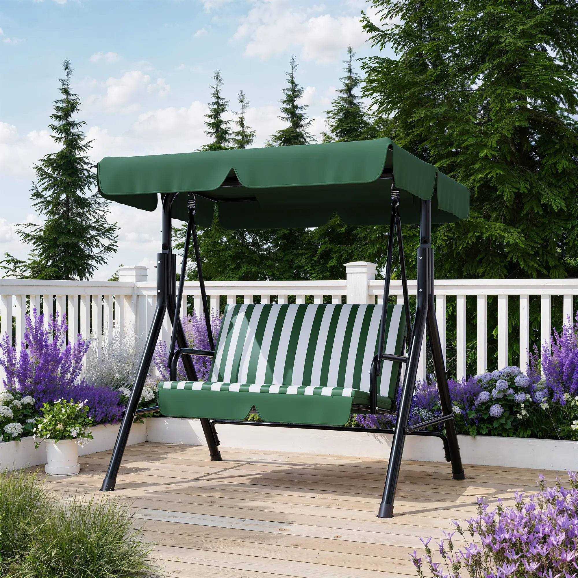 Modern 3-Seat Outdoor Swing Chair - Heavy-Duty Metal Frame, Adjustable Canopy, Triangular Base with Stand, Comfortable Seating for Garden, Backyard