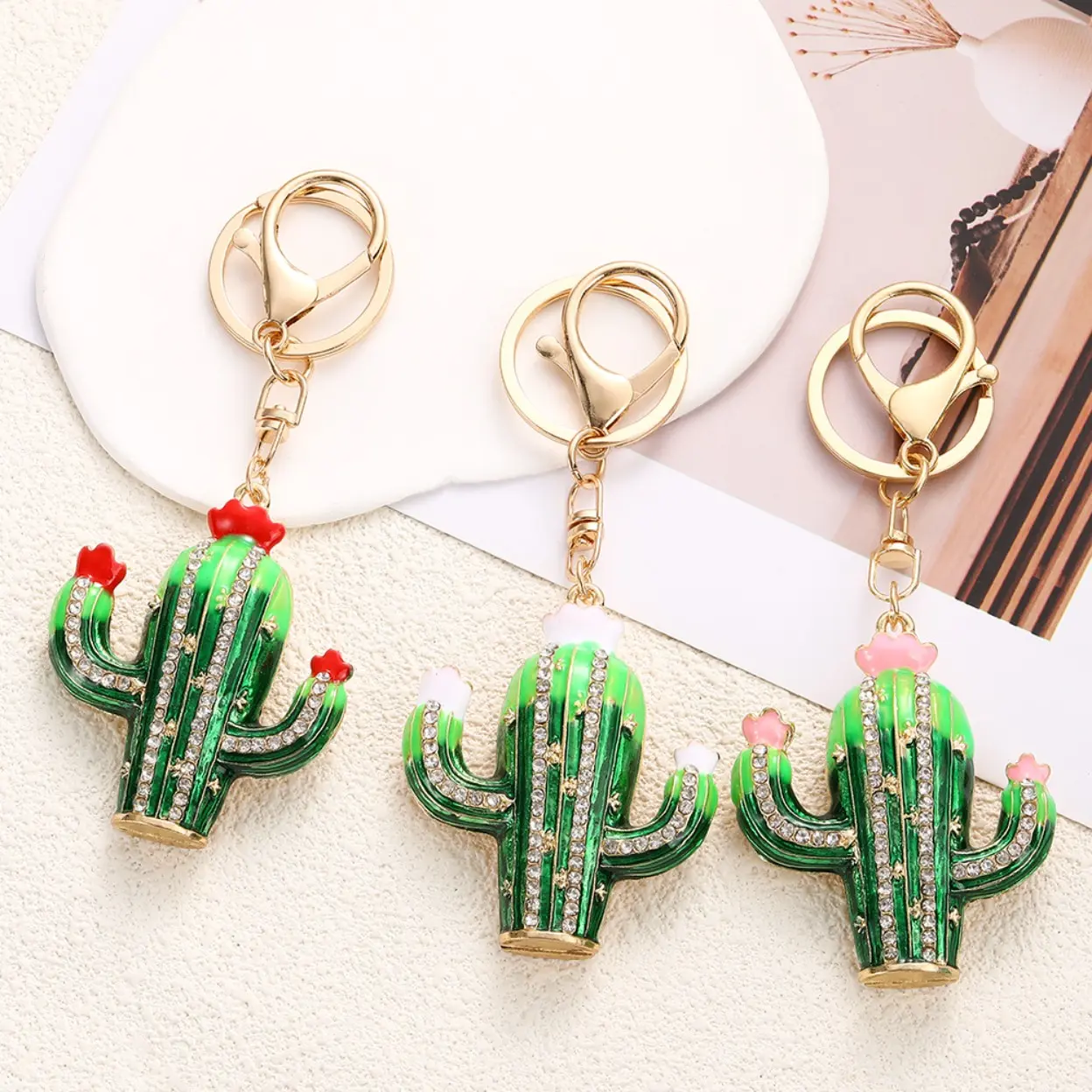 Women's Rhinestone Cactus Keychain - Gold Alloy Key Ring Pendant with Enamel Flower, Cactus Shape Sparkle Stones Bag Charm, DIY Bag Accessory for Handbags, Car Keys, Daily Styling or Holiday Gifting