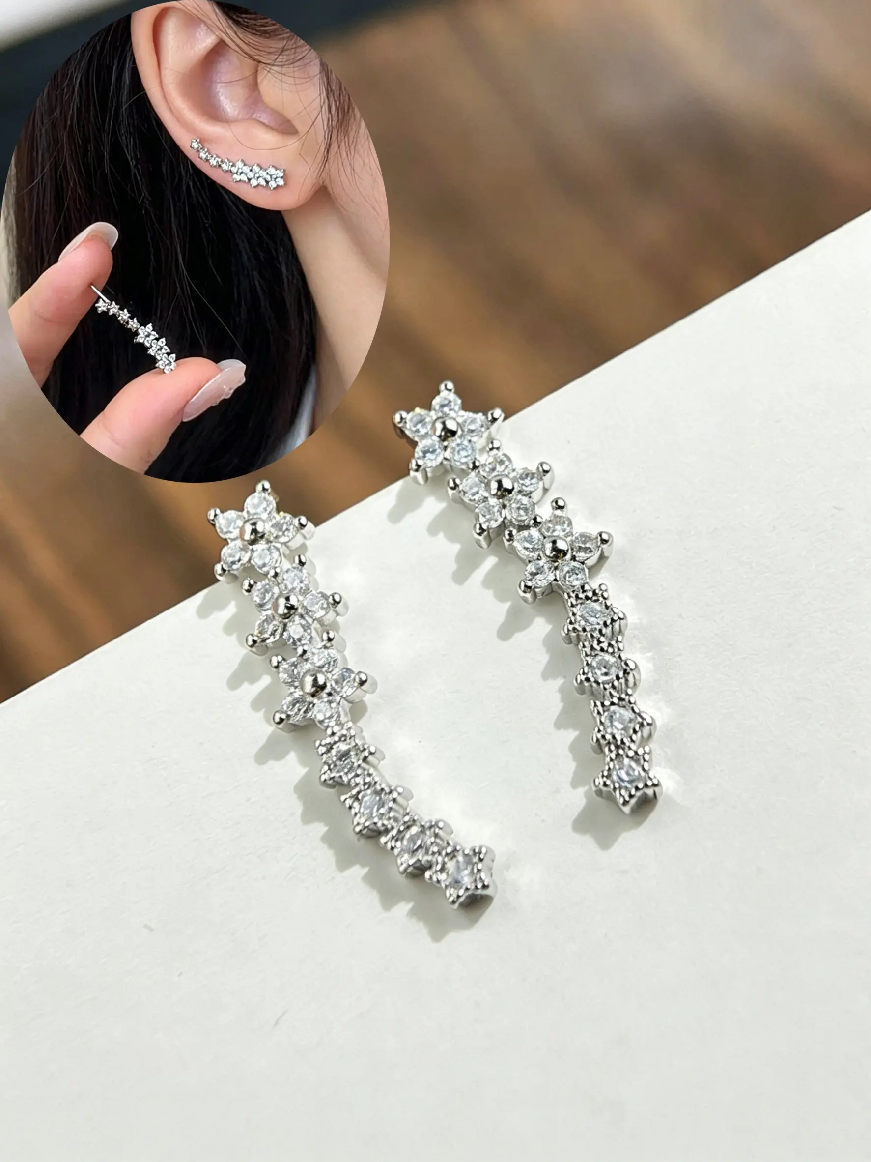 Elegant CZ Climber Earrings for Women, Hypoallergenic Crystal Ear Crawlers, Silver Tone Minimalist Piercing Jewelry, Sparkling Stackable Ear Cuffs, Lightweight Trendy Ear Accessories, Unique Glam Look for Daily, Office, Party & Dating