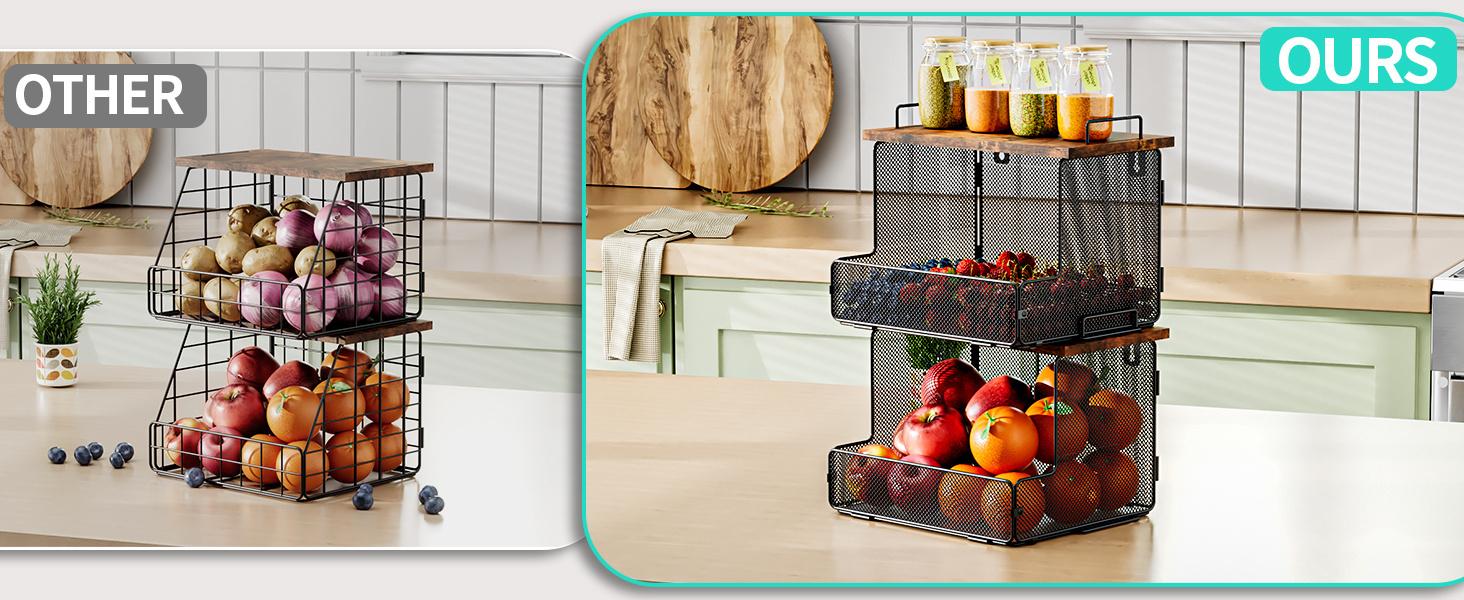 2-Pack Fruit Basket Wire Basket, Stackable Wall-Mounted Countertop Kitchen Counter Organizer for Snacks, Fruits and Vegetables Storage, Onion and Potato Hanging Basket with Wooden Lid