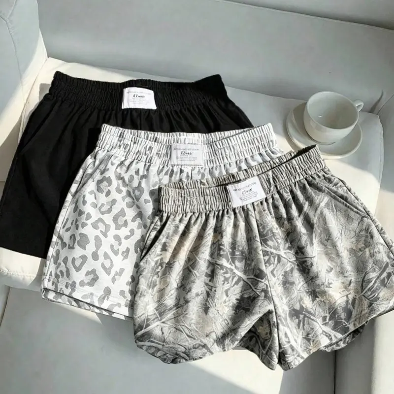 3-Pack Y2K Street Style Shorts, Baggy, Oversized, Camouflage, Leopard & Solid Colors, Elastic Waist, Loose Fit, Side Pockets, Summer Casual Wear for Women
