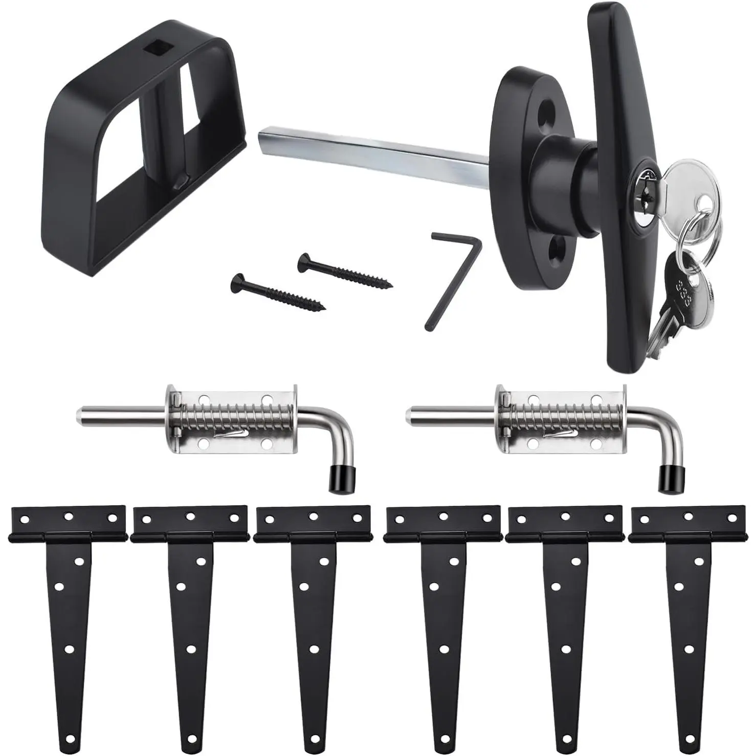 Shed Door Hardware Kit- Includes Hinges, Latches, and T-Handle Lock, Door and Window Hinge Set for Shed, Gate, Barn, Playhouse, Chicken Coop and More