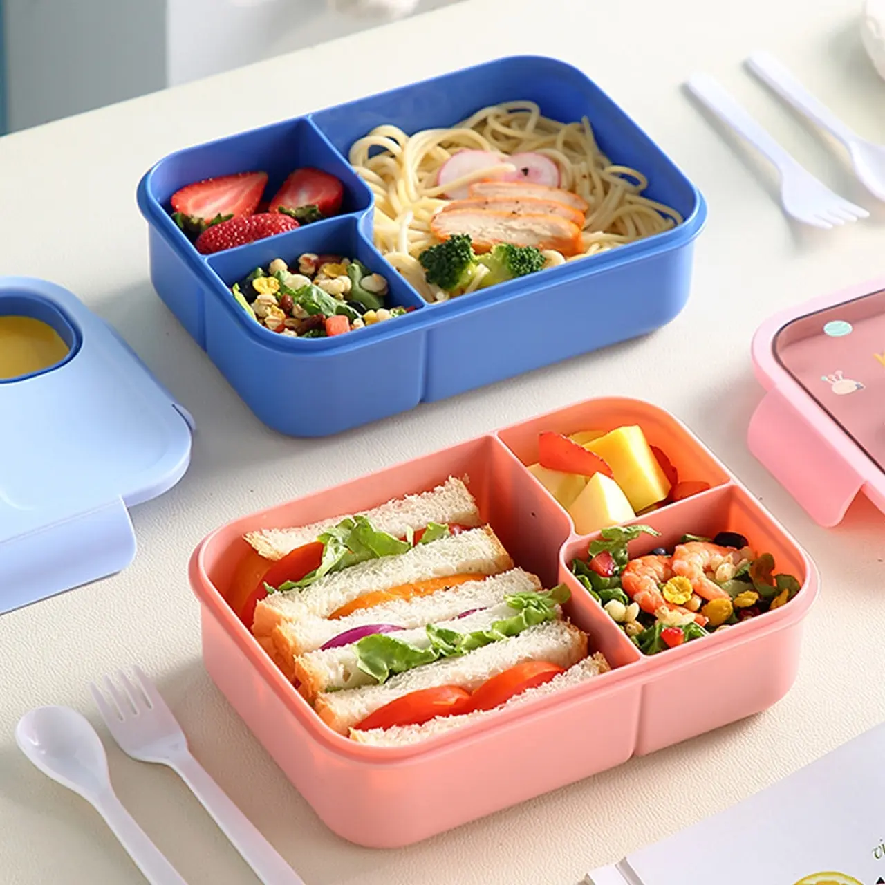 Cute Cartoon Animal Design Lunch Box with Dipping Box, Large Capacity Multi-grid Lunch Box, Food Storage Container for Students & Office Workers