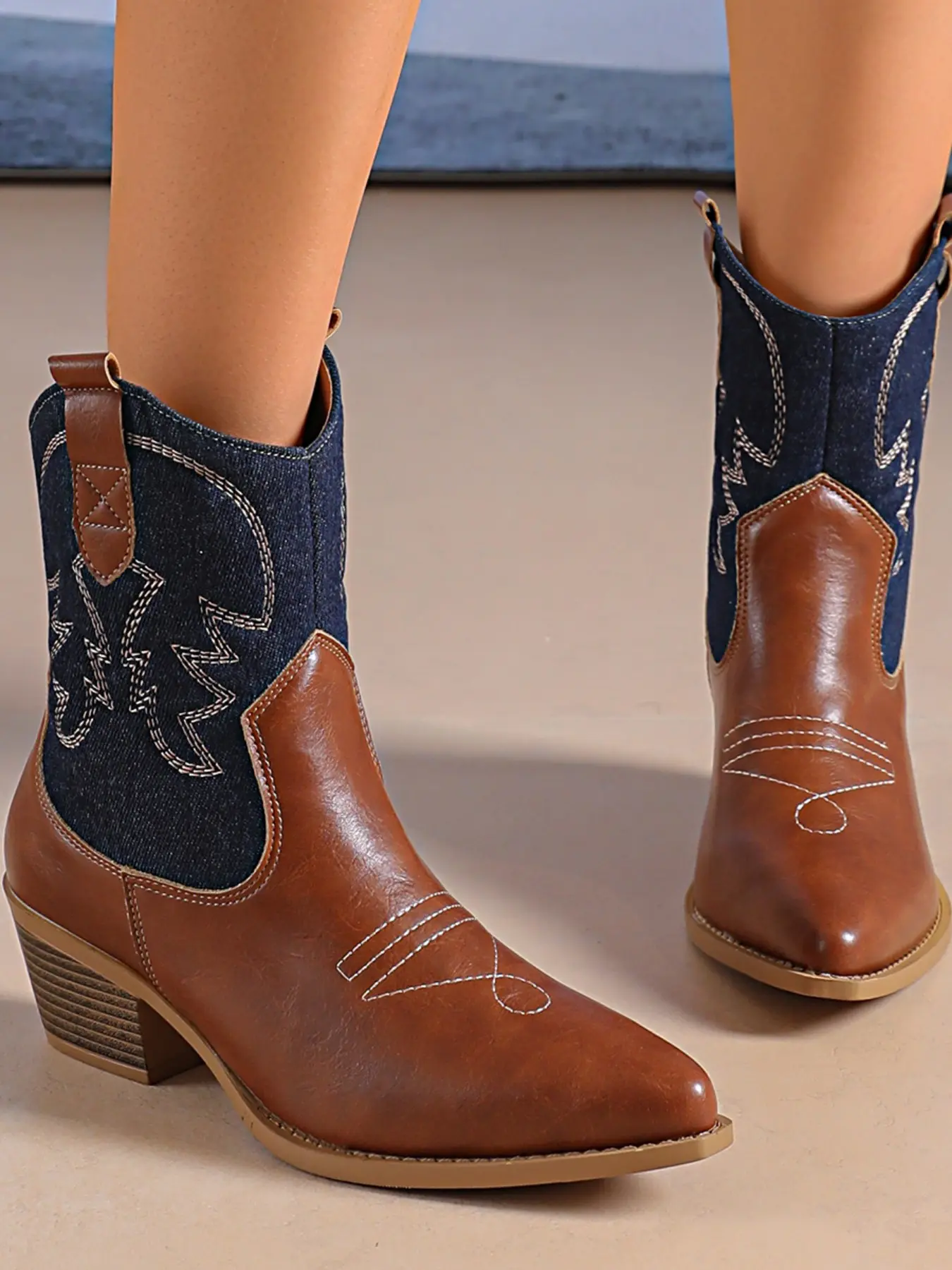 Women Denim Patchwork Western Cowboy Boots Pointed Toe Chunky Block Heel Ankle Booties Vintage Embroidered Country Concert Short Boots