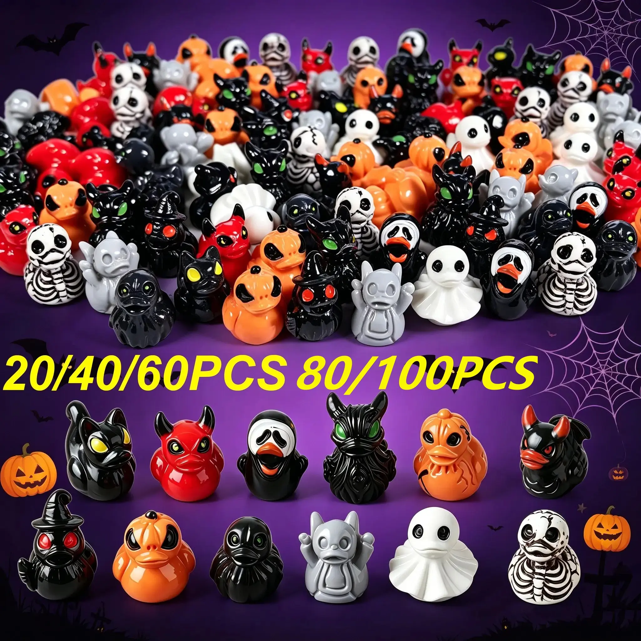 100pcs Mini Devil Ghost Skull Resin Ducks, Cute Figurines, Spooky Desktop Decor, Dark Figure Decor, Mini Garden Ornament, Home Decor Ornaments, Halloween Christmas Decoration, Decorative Ornaments, Party Gift
