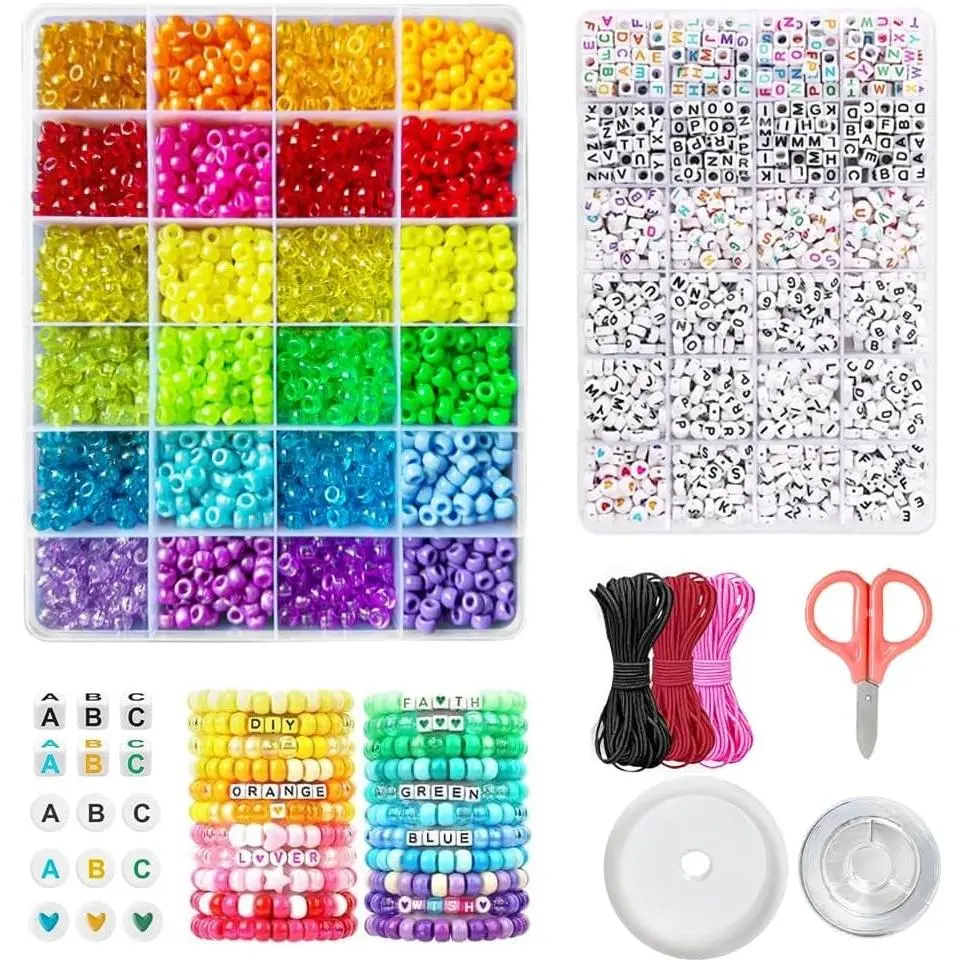 4000+Pcs Pony Beads Bulk, 6*9mm| Friendship Bracelet Making Kit with Assorted Color Plastic Beads in 2 Storage Boxes with 20m Crystal, 30m Elastic String, 3X Braided Ropes & Scissor| Ideal for JewelryGift
