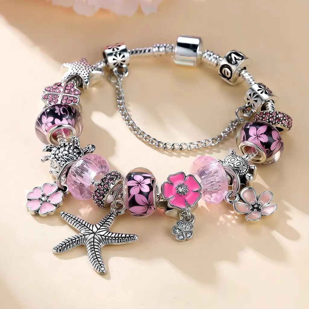 Vintage Pink DIY 4-Leaf Clover Bracelet - Stainless Steel Silver-Plated, Non-Allergenic, Zircon Water Drop-Inlaid Flower & Starfish Pendant, Stylish Gift for Girlfriend