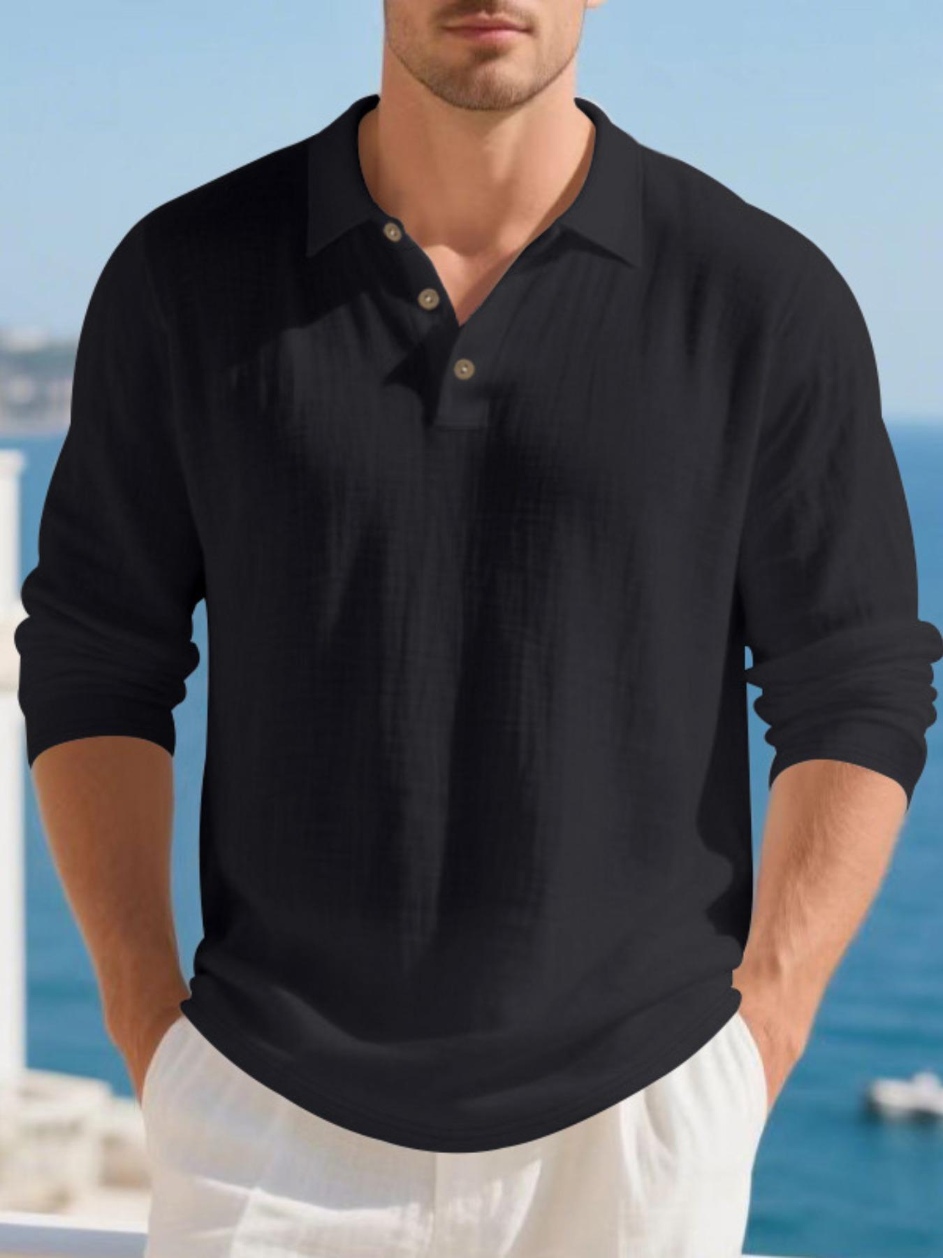 Men's Linen Long Sleeve Polo Shirt, Beach Vacation Style, Skin-Friendly Breathable Loose Fit, Casual Spring & Fall Wear, Menswear