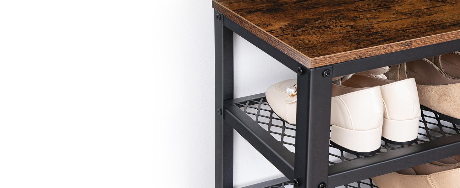 Hall Tree Entryway Storage Bench, Coat Rack Shoe Bench, Shoe Rack Organizer with Coat Hooks, 3-in-1 Design, Wooden Furniture with Metal Frame, Rustic Brown and Black