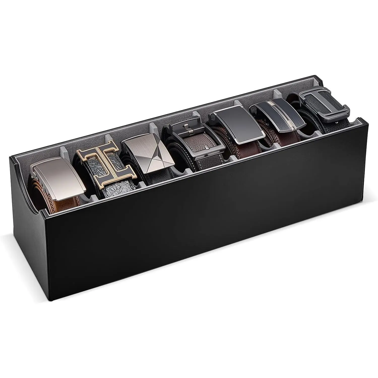 Lolalet Belt Organizer for Closet, Belt Box & Storage Drawer -Black | PU Leather Belt Holder with 7 Extra-Wide Compartments, Soft Lining, Fits Entryway Cabinet, for Men & Women, 1 Pack