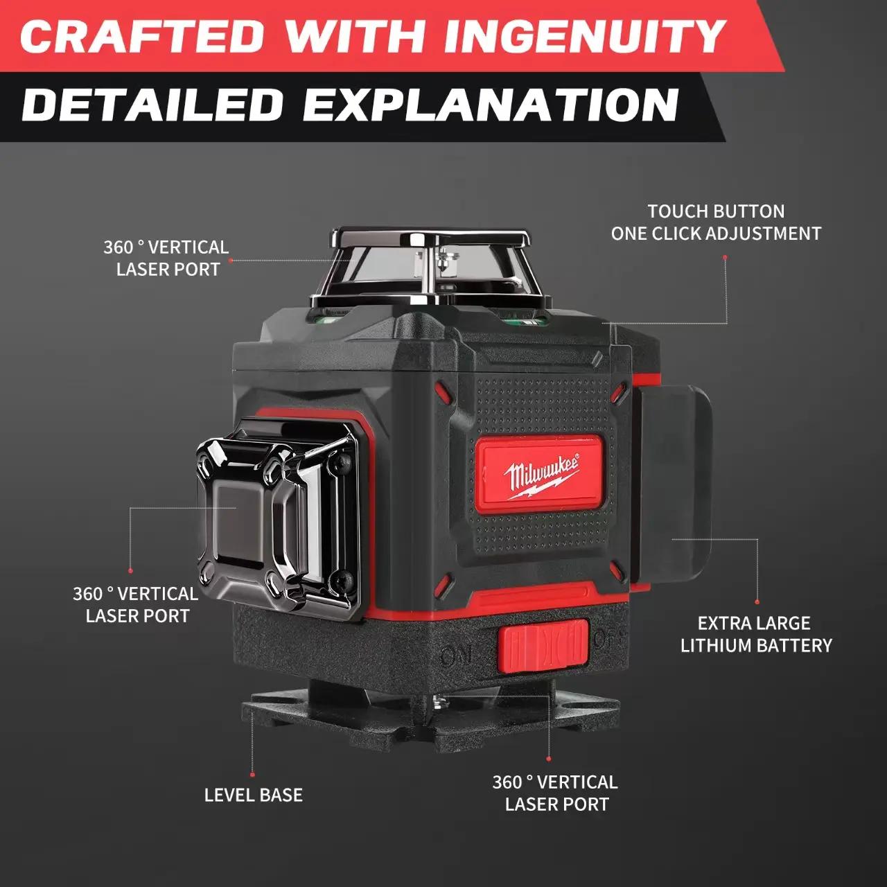 Milwaukee Degree Vertical Cross Laser Level 360 Green Beam Horizontal & Vertical Rechargeable 5000mAh Battery Range Finder Tools