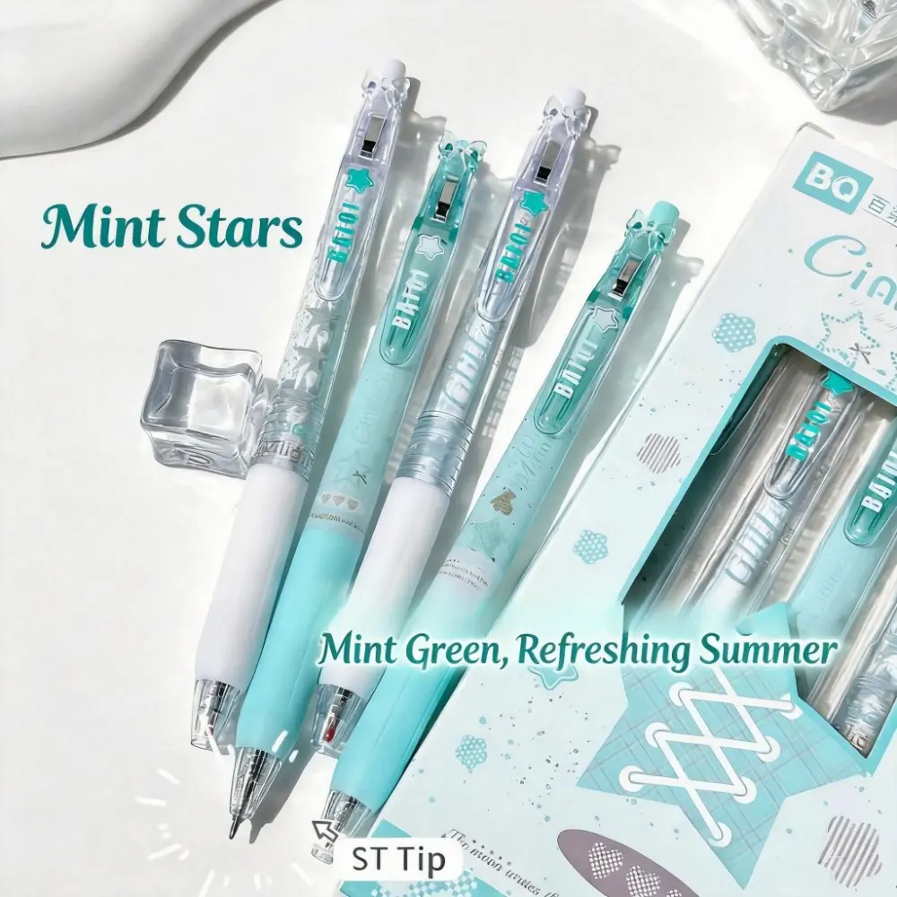 4pcs Mint Star Push-Down Neutral Pens, Transparent Body with Star Bow Clip, 0.5mm Smooth Ink Flow, Quick-Dry Ink, Comfortable Grip