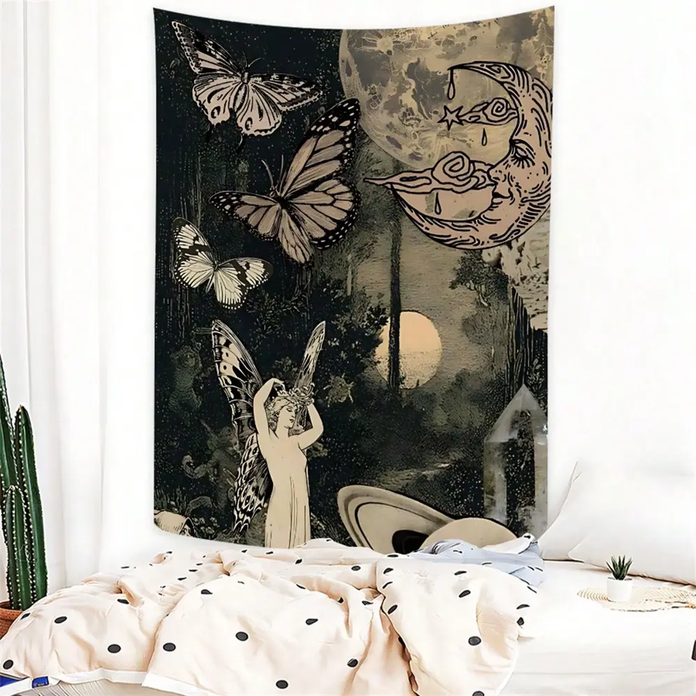 Vintage Butterfly Moon Aesthetic Wall Tapestry, 90g Washable Polyester Large Size Wall Hanging with Installation Parts for Bedroom Dorm Living Room, Decor Backdrop for Soccer Watch Event, Classic Wall Art Ornament for Halloween Party and Holiday Gifting