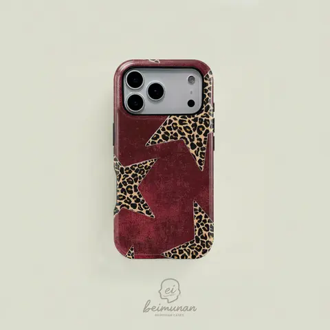 Burgundy Western style trendy leopard print and star pattern dual layer protective case, sturdy and durable 2 in 1 case, compatible with iPhone18/ 17/16/15/14/13/12/11 Pro Max/Plus/Pro, and Samsung GalaxyS26/S25/S24/S23 /S22/S21Ultra/Plus .