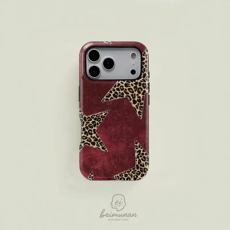 Burgundy Western style trendy leopard print and star pattern dual layer protective case, sturdy and durable 2 in 1 case, compatible with iPhone18/ 17/16/15/14/13/12/11 Pro Max/Plus/Pro, and Samsung GalaxyS26/S25/S24/S23 /S22/S21Ultra/Plus .
