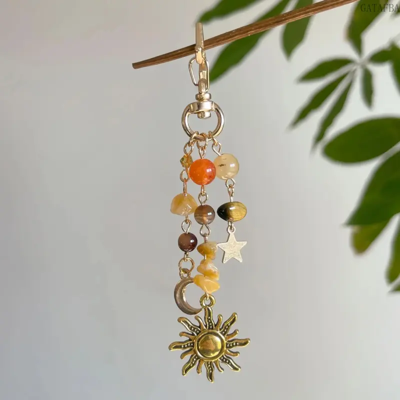 Art Space Star Moon Alloy Keychain with Irregular Stone Pendant, Decorative Charm for Backpacks and Keys (Sports & Outdoor Accessory), Celestial Star