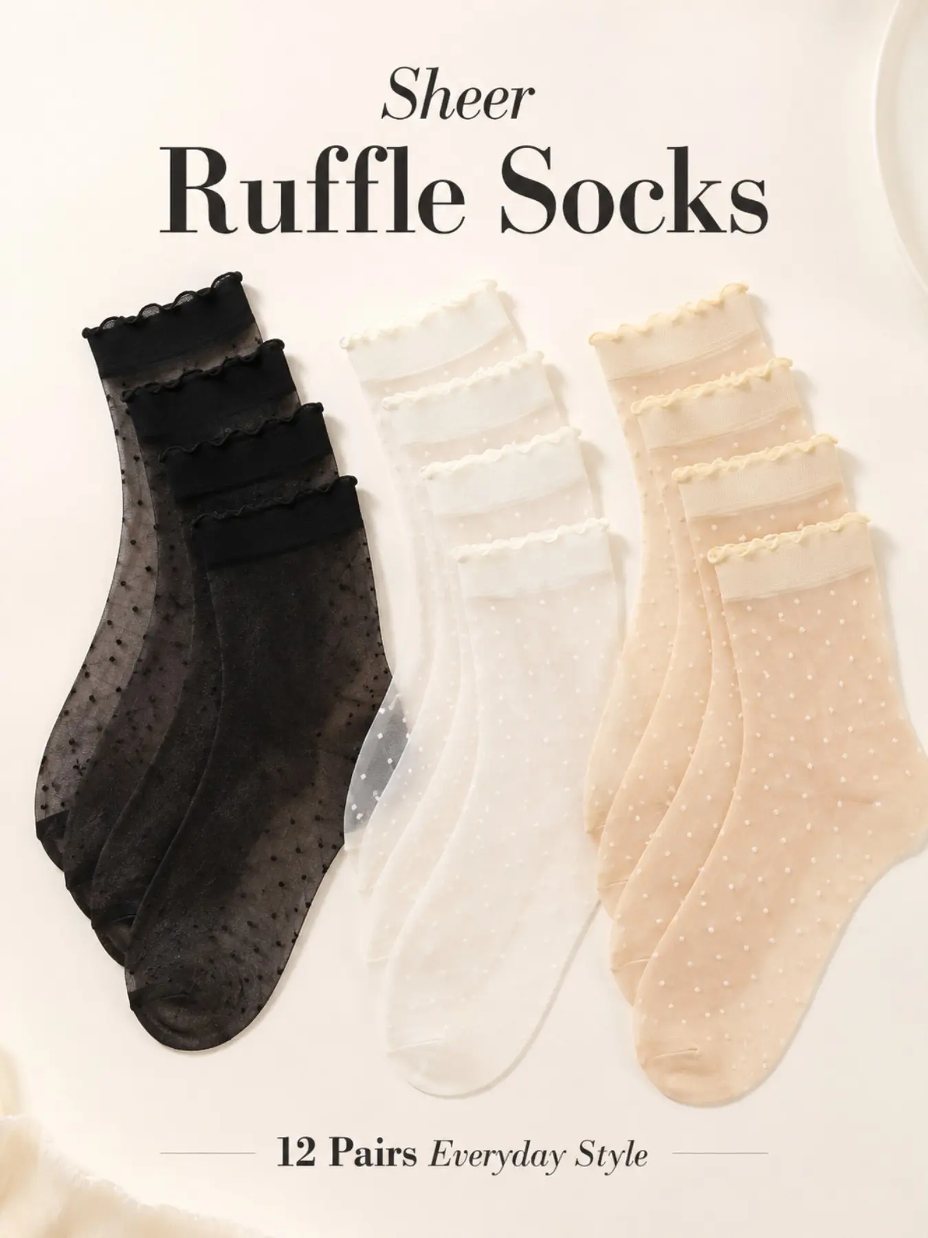 12 Pairs Women's Transparent Ruched Socks, Polka Dot Mesh Lace Round Neck Nylon Clear Dress Socks, Elegant and Stylish Footwear Accessories