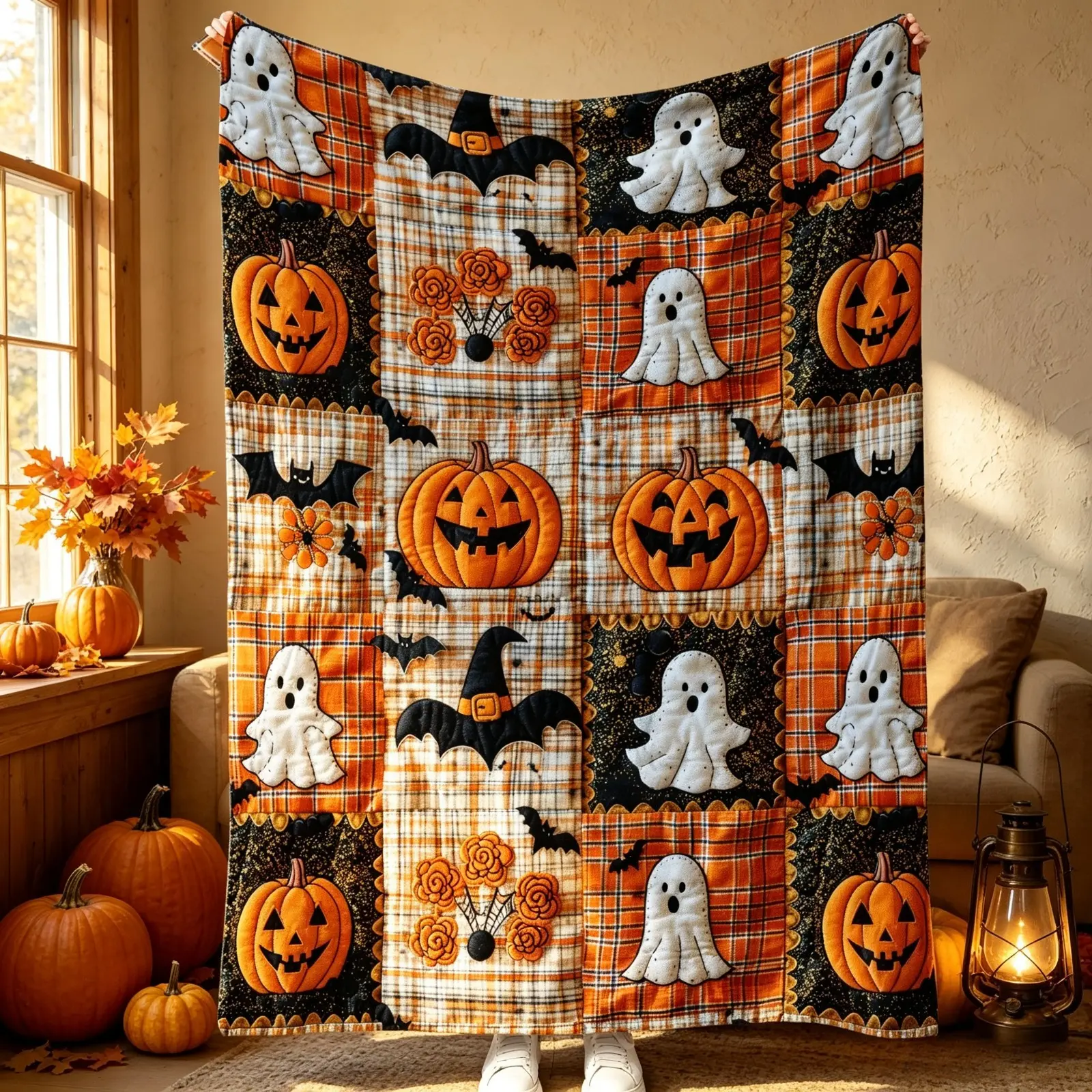 Countdown Sale Halloween Pumpkin Ghost Bat Plaid Patchwork Flannel Blanket Kids And Adults AC Blanket Soft Warm Cozy Throw Blanket Lightweight Sofa Bed Couch Bedroom Living Room Fall Autumn Home Decor Gift Viral Halloween Blanket