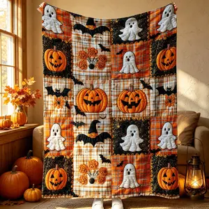 Countdown Sale Halloween Pumpkin Ghost Bat Plaid Patchwork Flannel Blanket Kids And Adults AC Blanket Soft Warm Cozy Throw Blanket Lightweight Sofa Bed Couch Bedroom Living Room Fall Autumn Home Decor Gift Viral Halloween Blanket