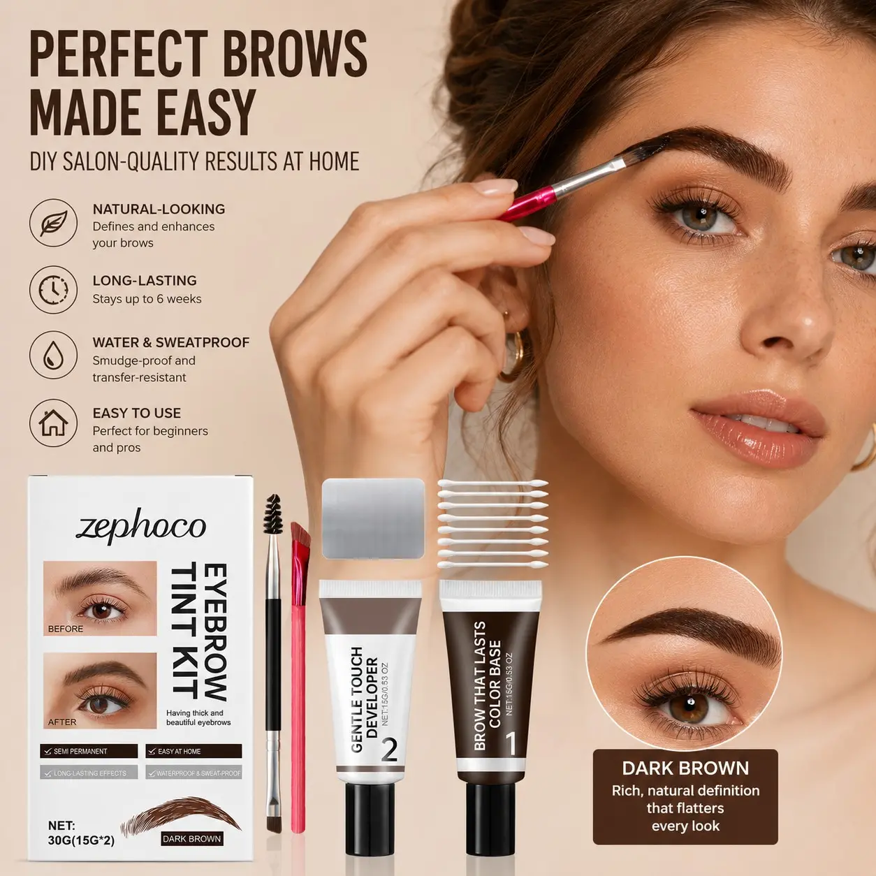 Zephoco Eyebrow Dye Kit, Brow Stain, Long-Lasting Waterproof and Sweatproof Eyebrow Dye Set, Daily Natural Touch-Up Eyebrow Tint, Smooth and Easy-to-Fill Eyebrow Cream, Professional Makeup Kit