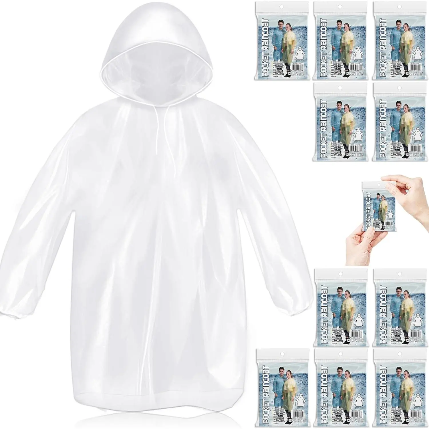 10-Pack Unisex Hooded Transparent Disposable Rain Ponchos for Adults - 1-Size Emergency Ponchos with Drawstring, Card-Sized Family Pack for Travel